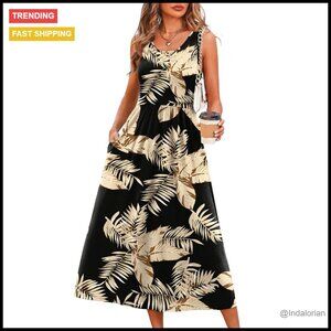 Flowy Midi Dress Casual Boho Chic Summer Vacation Sundress with Pockets